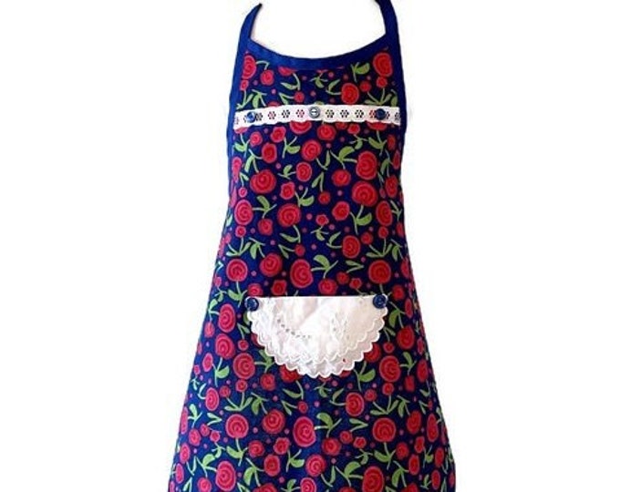 Bright Pink Flowers on Blue Apron for Girls Fits Sizes 5-6