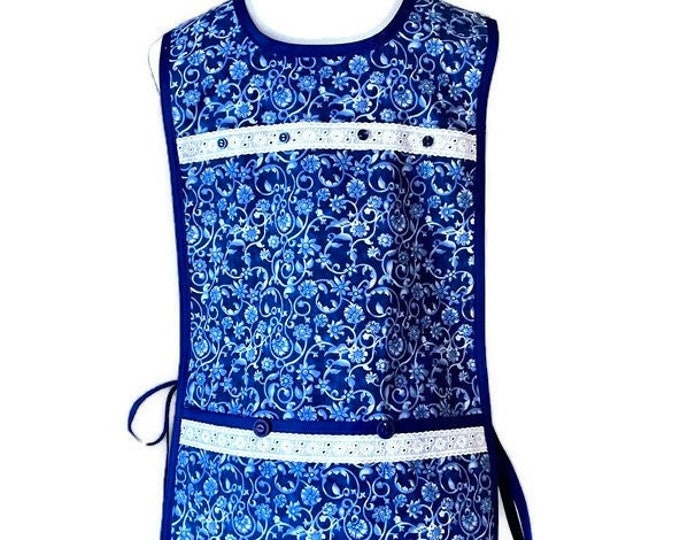 Floral Swirl Cobbler Apron in Royal Blue Fits Sizes S, M or L