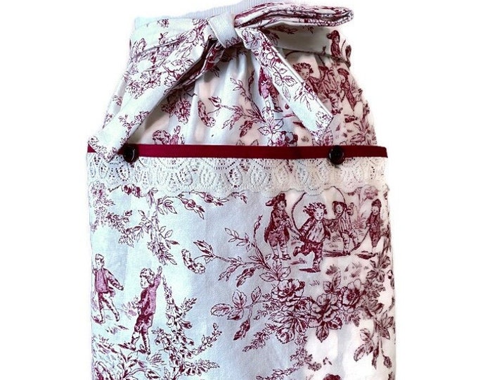 Burgundy Toile-Look Half Apron with Three Pockets Fits Sizes M or L