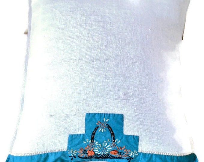 Turquoise and Cream Vintage Linen Pillow