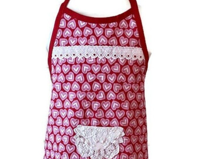 Red and Pink Valentine Print Apron for Girls Fits Sizes 3-4