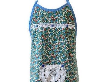 Blue Floral Preteen Apron For Girls Fits Sizes 10-12