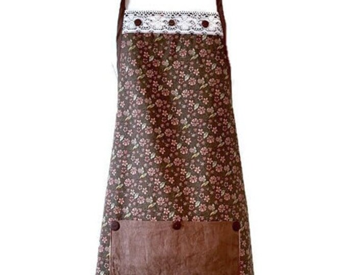 Full Apron in Vintage Brown Floral Fabric Fits Sizes M-L-XL