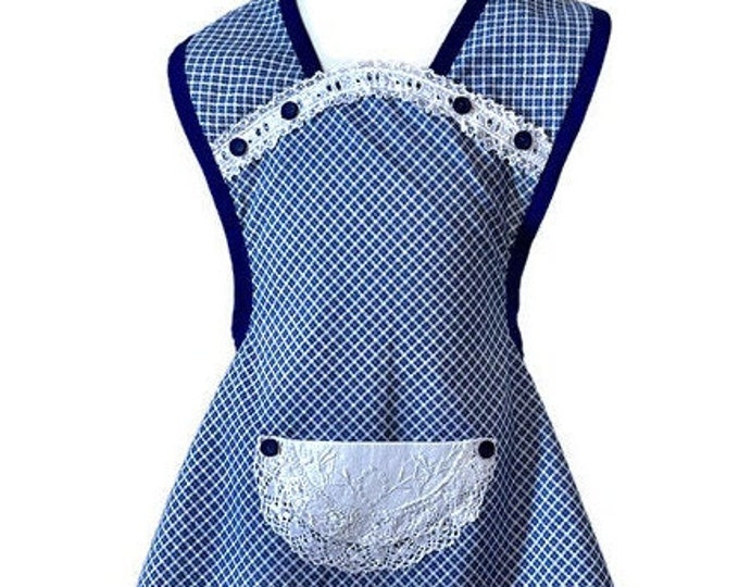 Blue Gingham Old-Fashioned Apron for Girls Fits Sizes 7-8