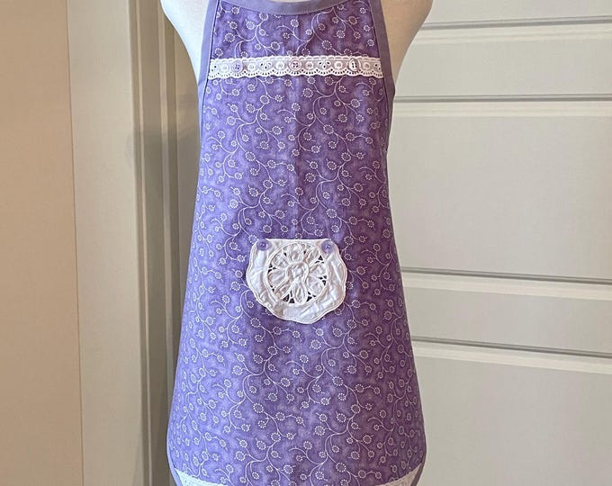 Girl's Apron in Purple Floral Print Fits Sizes 3-4