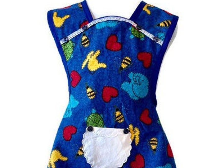 Animal Print on Blue Old-Fashioned Apron for Girls Fits Sizes 5-6