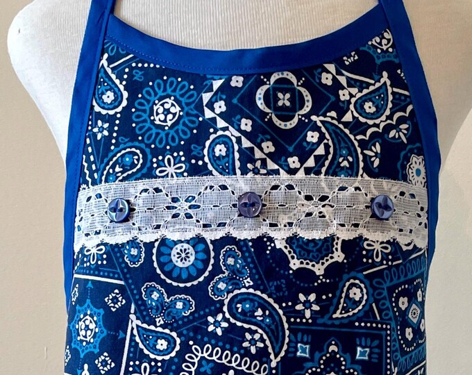 Bright Blue Handkerchief Print Girl's Apron Fits Sizes 5-6