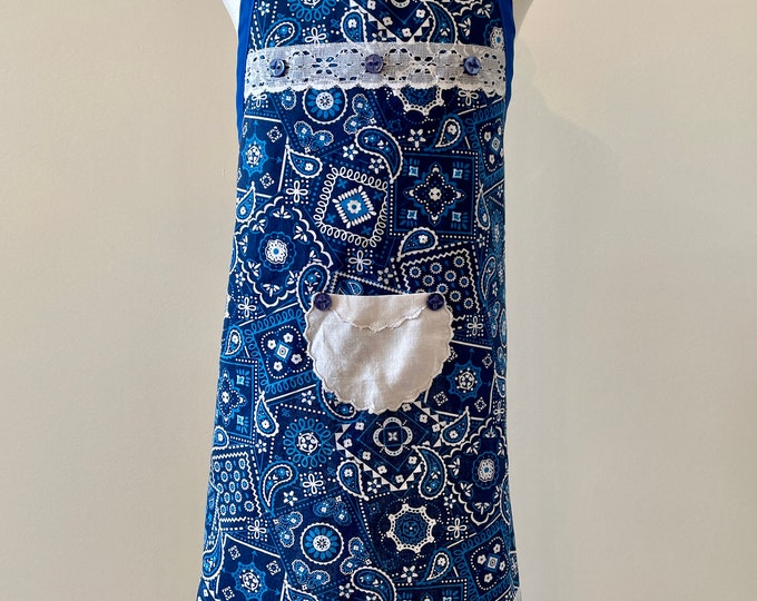 Bright Blue Handkerchief Print Girl's Apron Fits Sizes 5-6