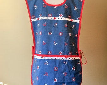 Anchor and Helm Wheel Print Plus Size Cobbler Apron / Side Tie Apron Fits Sizes 2X or 3X