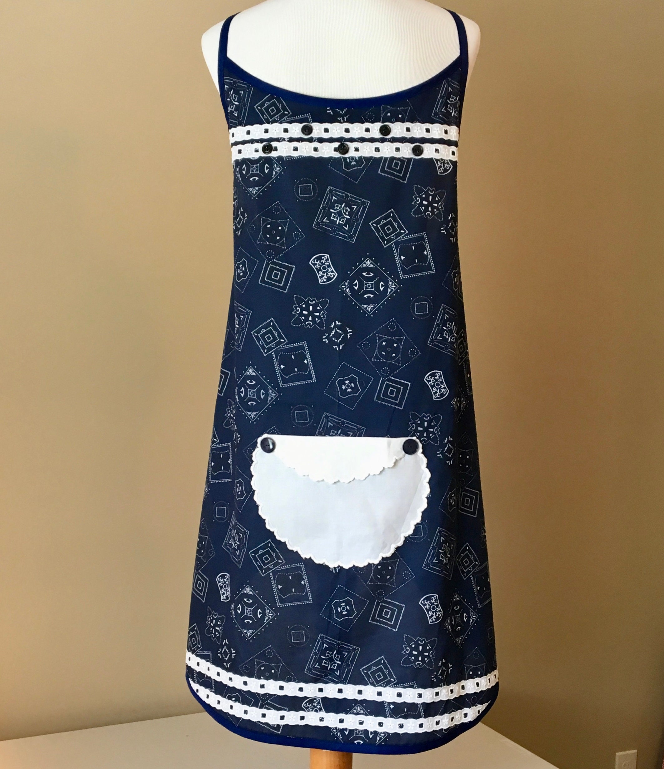 Plus Size Apron in Navy Blue Handkerchief Print / Bandana Apron / Plus ...