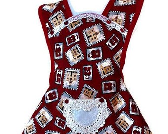 Girl's Old-Fashioned Apron in Snowman Print Fits Sizes 5-6