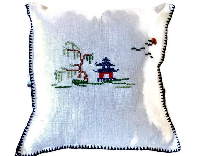 Mini Pillow With Asian-Themed Cross Stitch / Pillow Made From Vintage Linen