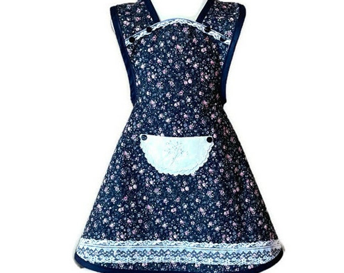 Navy Blue Floral Print Girl's Old-Fashioned Apron Fits Sizes 5-6