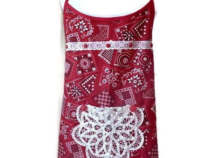 Plus Size Red Handkerchief Print Apron Fits Sizes 1X-2X-3X