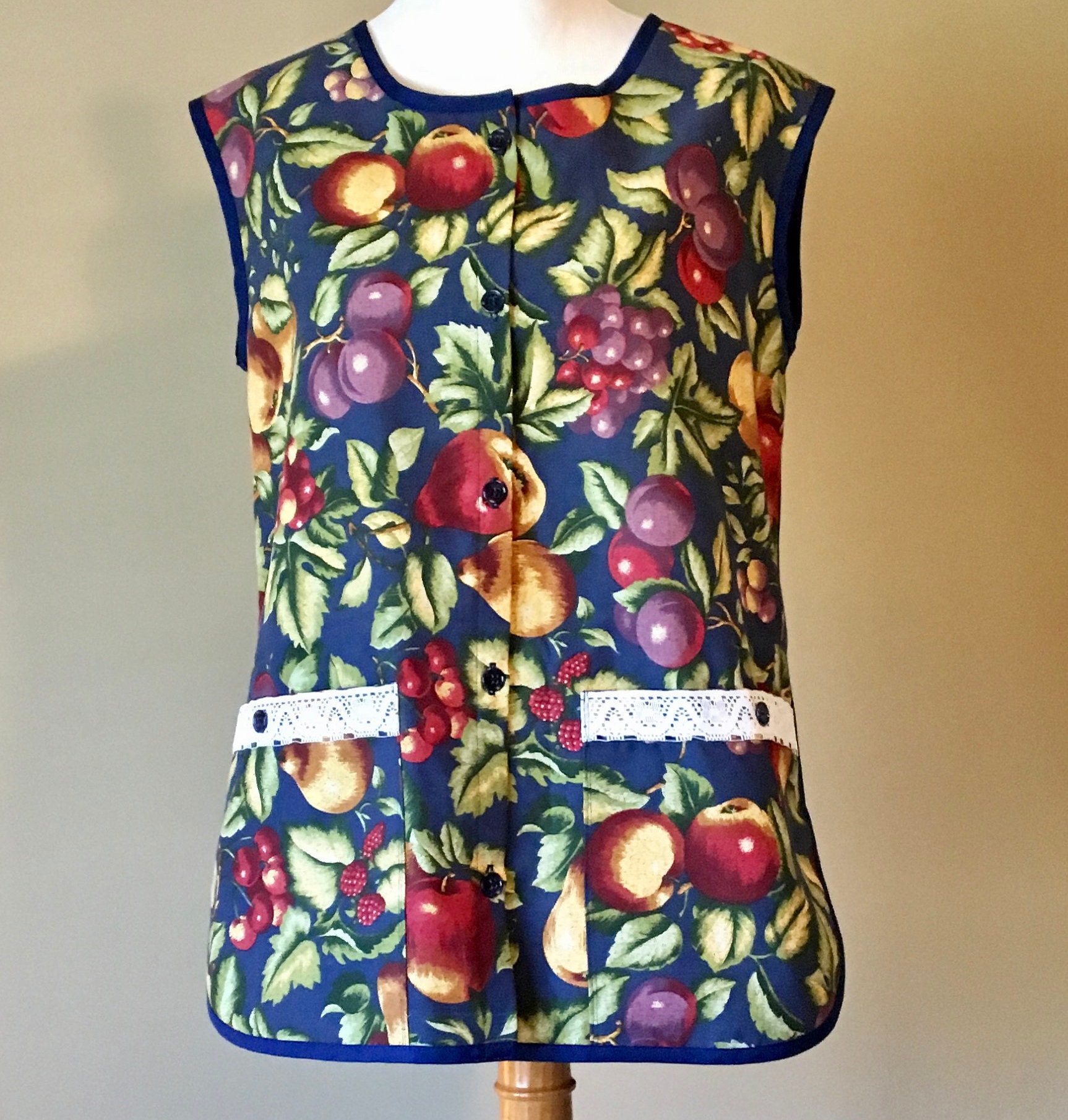 Smock Apron in Navy and Fruit Print with Pockets / Women's Apron Size S