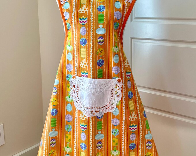 Orange Vintage Print Old-Fashioned Apron Fits Sizes M-L
