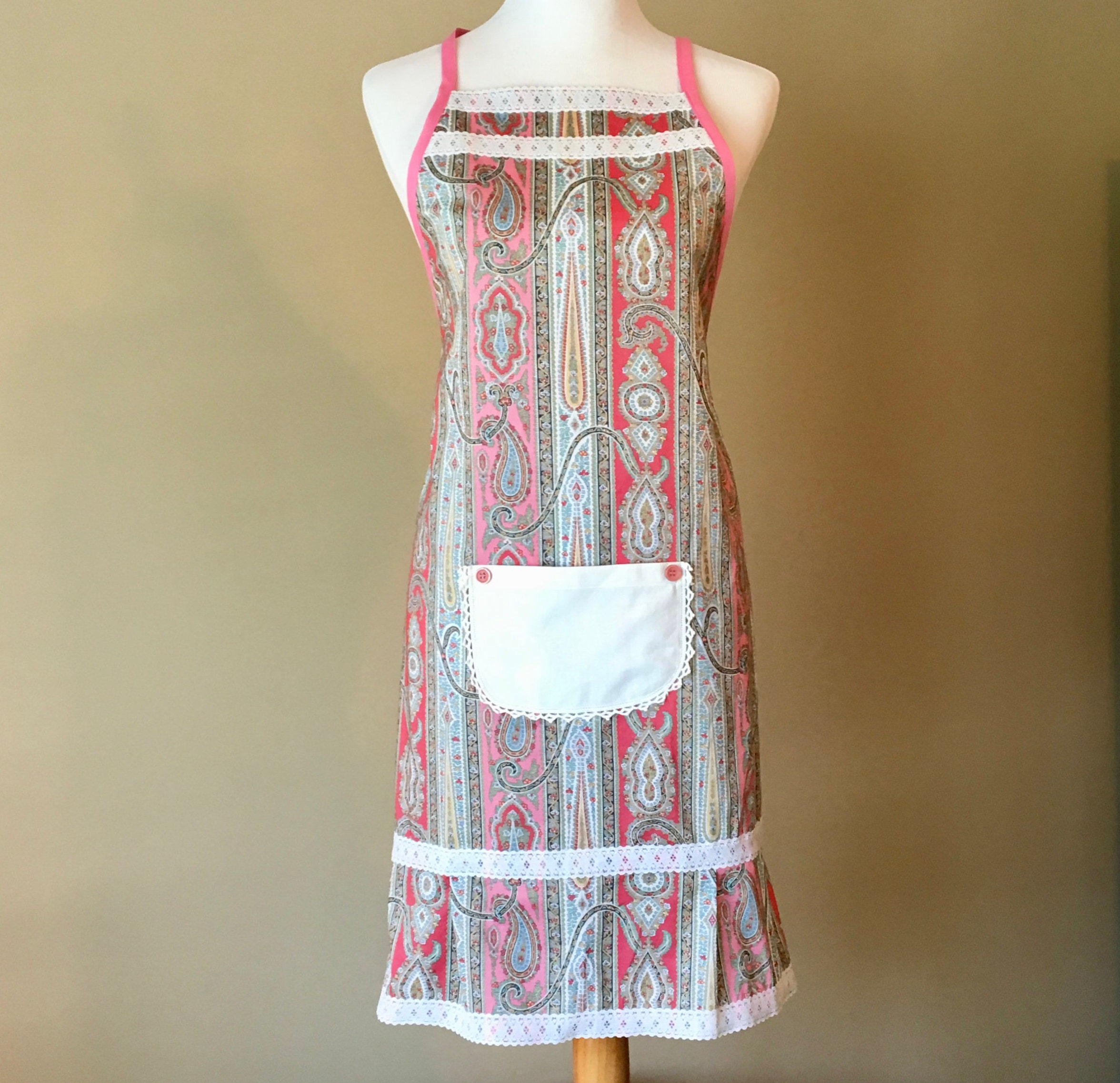 Pleated Ruffle Apron from Vintage Pink Striped Fabric / Apron for Women Size MXL