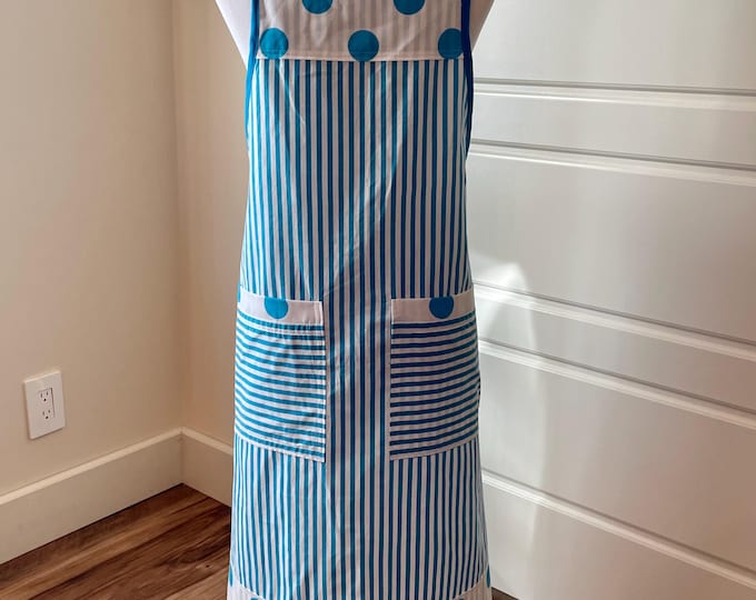 Turquoise Dotted and Striped Apron Fits Sizes M, L or XL