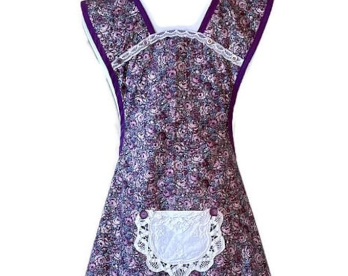 Purple Floral Vintage Fabric Old-Fashioned Apron Fits Sizes M-L