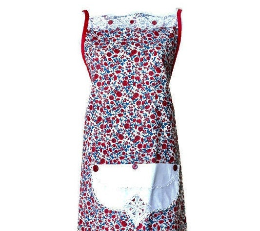 Burgundy and Teal Full-Length Apron From Vintage Fabric / Women's Apron ...