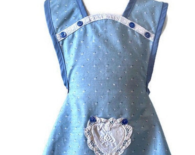 Pink Hearts on Blue Old-Fashioned Apron for Girls Fits Sizes 5-6