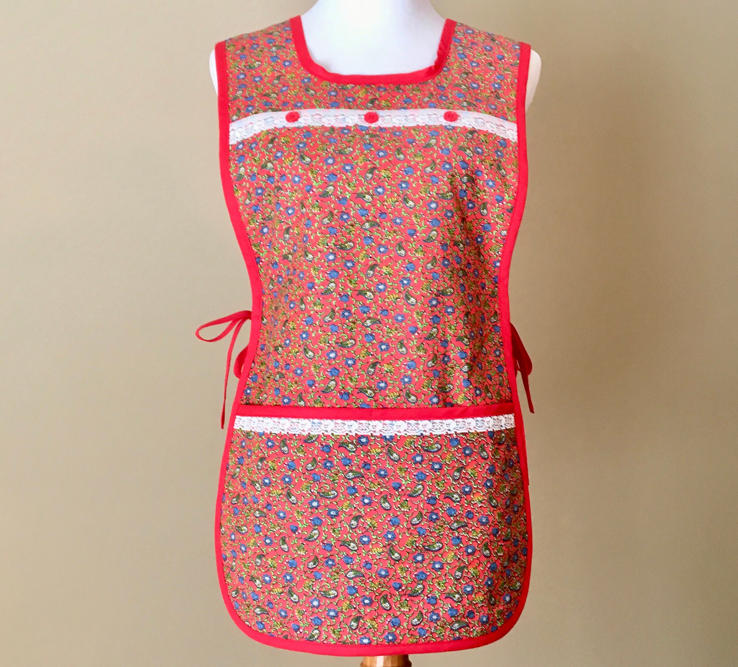 Red Floral SideTie Cobbler Apron / Aprons for Women Sizes SL