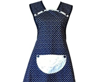 Navy Blue Ribbon and Floral Print Old-Fashioned Apron for Woman Fits Sizes M or L
