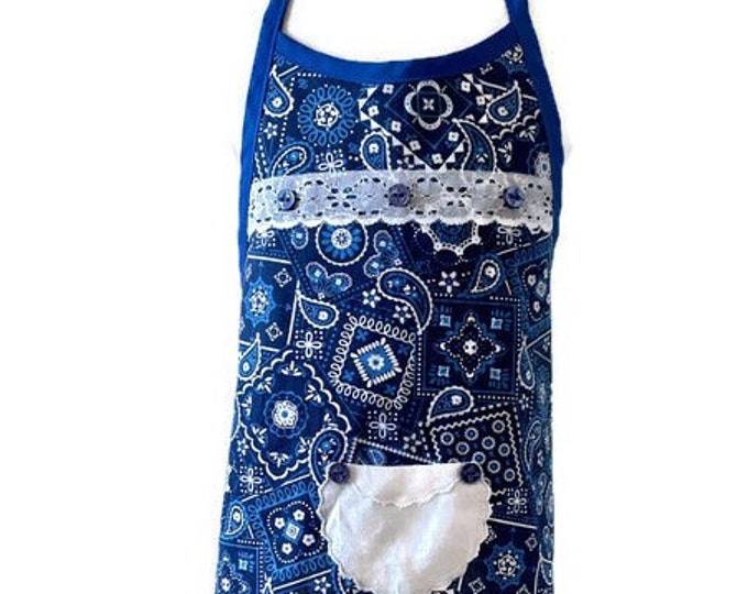 Bright Blue Handkerchief Print Girl's Apron Fits Sizes 5-6