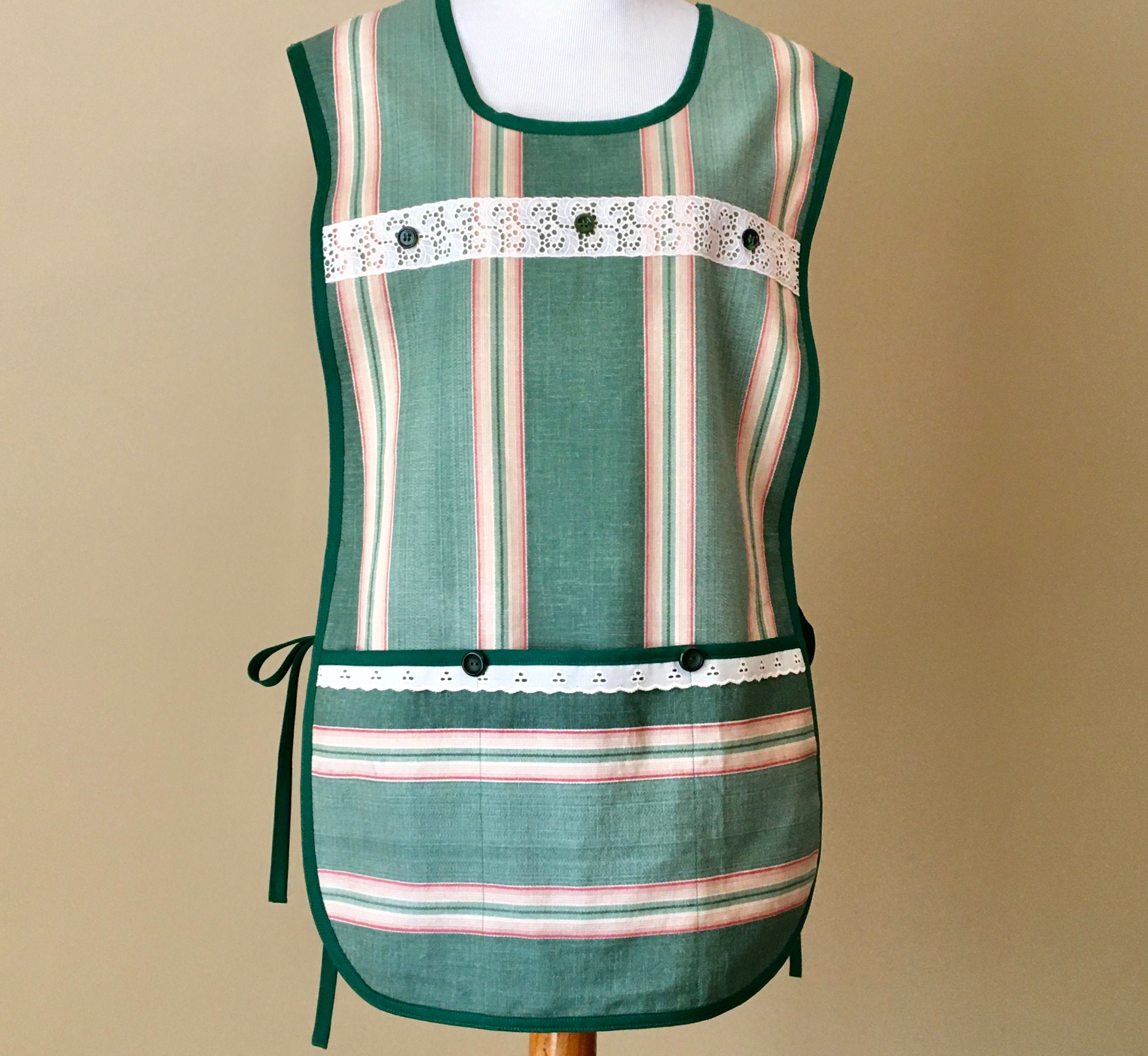 Green Striped Cobbler Apron / SideTie Apron / Apron for Woman Size XL1X