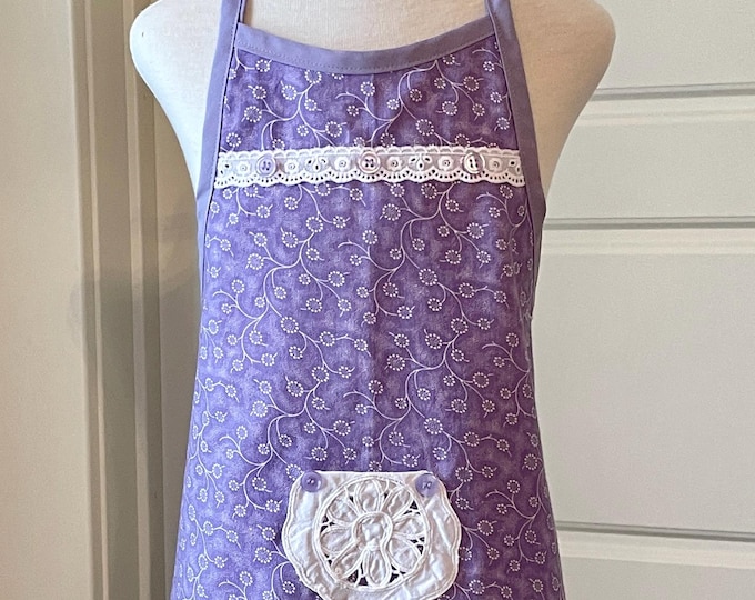 Girl's Apron in Purple Floral Print Fits Sizes 3-4