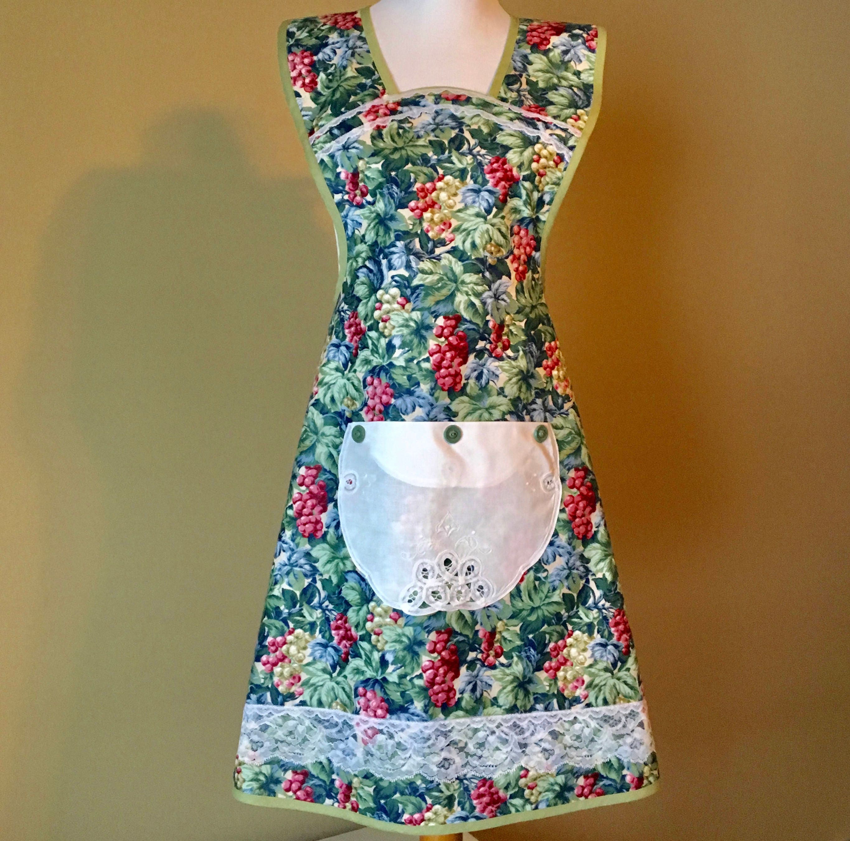 OldFashioned Apron in Green with Blue and Purple Fruit Print / Old