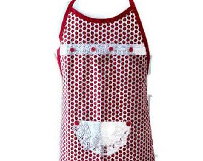 Red and White Print Preteen Apron Fits Sizes 10-12