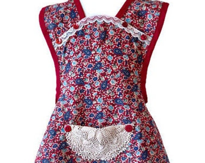 Burgundy and Blue Old-Fashioned Apron for Girls Fits Sizes 7-8