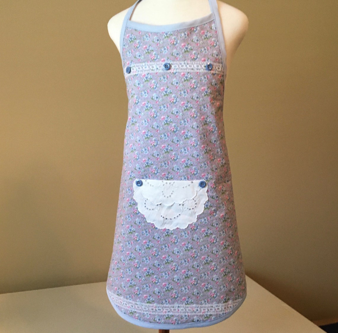 Blue & Pink Floral Print Apron on Purple / Apron for Girls Etsy