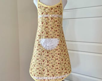 Yellow With Pink Floral Print Girl's Apron Fits Sizes 7-8