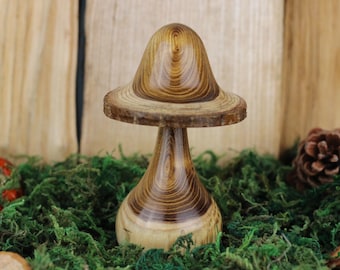 Wooden mushroom made from Laburnum #1. Hand crafted unique gift, ideal present for the nature lover, featuring bark inclusion