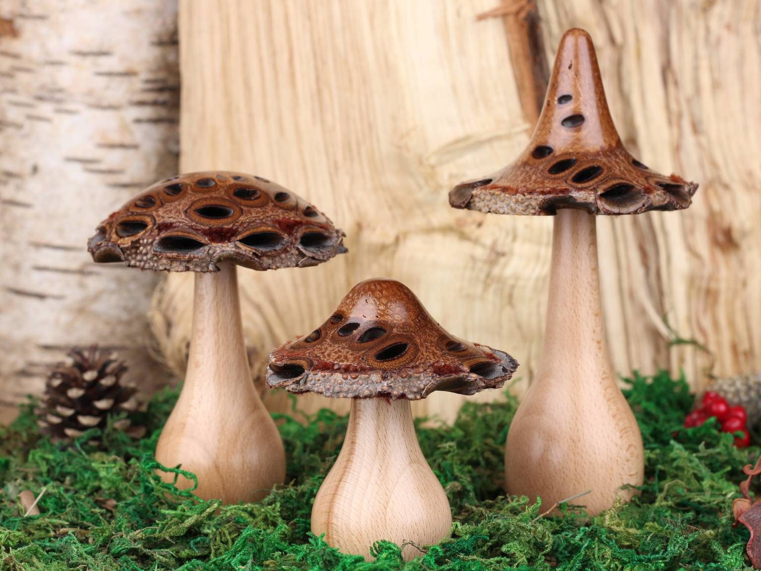 Set Of Three Wooden Mushrooms For Garden By RugsSkyStore