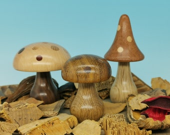 Group of three "Dotty" turned wooden mushrooms