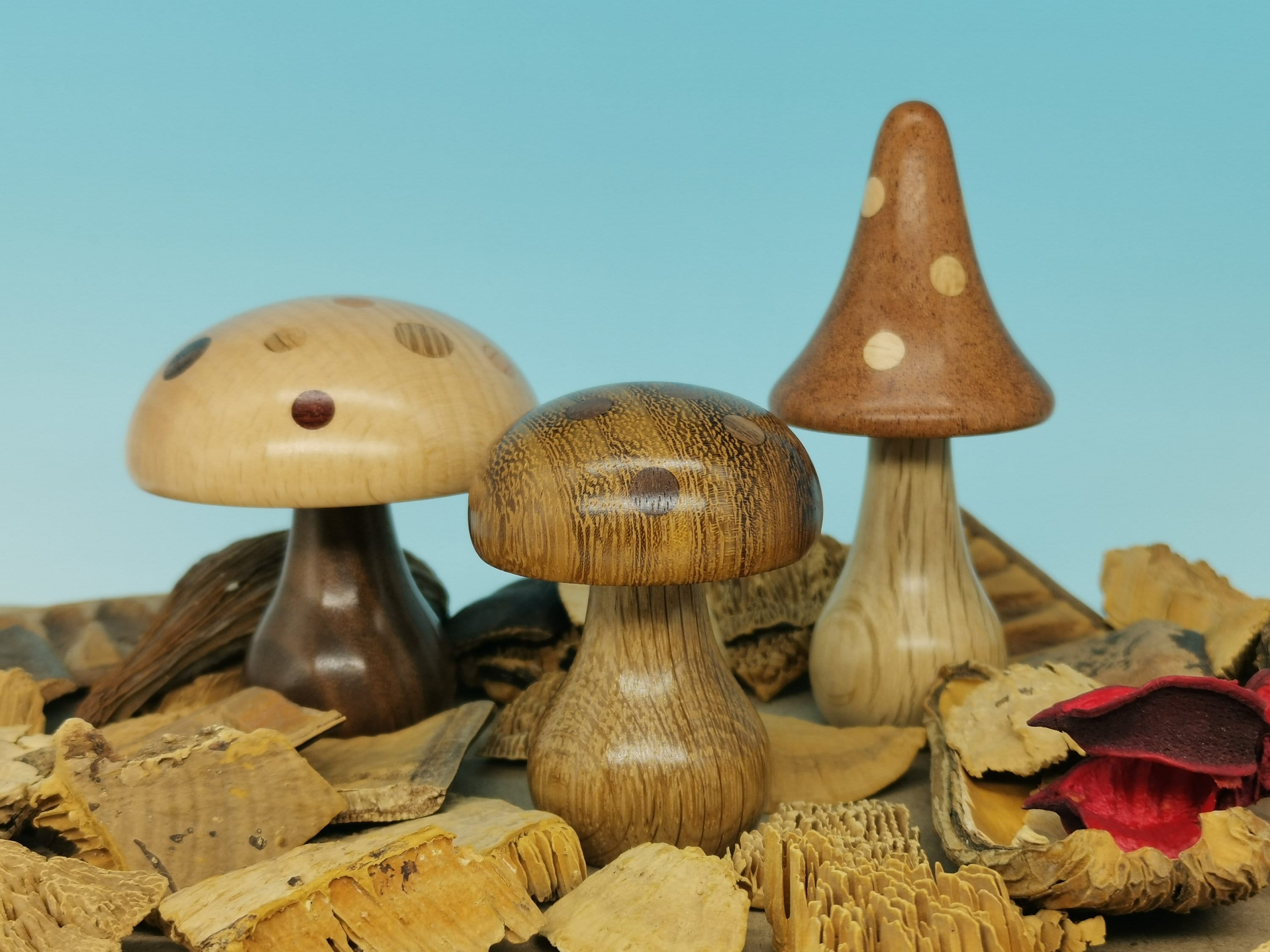 Group of Three dotty Turned Wooden Mushrooms 