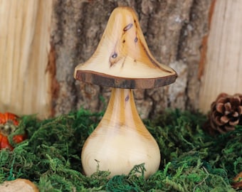 Wooden mushroom made from Yew wood #17. Hand crafted unique gift, ideal present for the nature lover, featuring historic worm holes