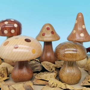 Five "Dotty" turned wooden mushrooms made by SilvanWoodturning