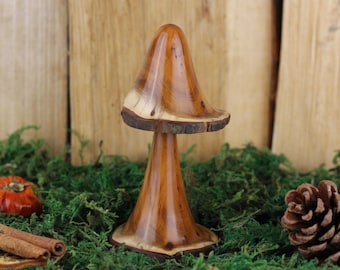 Wooden mushroom made from Yew wood #36. Hand crafted unique fungi gift, ideal present for the nature lover. Featuring natural split