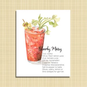 May include: A watercolor illustration of a Bloody Mary cocktail recipe. The recipe includes 2 ounces of vodka, 1/4 ounce of fresh lemon juice, 4 ounces of tomato juice, 1/4 teaspoon of horseradish, 2 dashes of Tabasco, 3 dashes of Worcestershire sauce, salt and pepper to taste, and olives, celery, lemon or lime wedges for garnish.