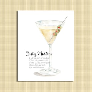 Dirty martini recipe print, olives, martini glass, bar cart decor, martini art, vodka drink