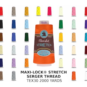 May include: A spool of orange Maxi-Lock Stretch Serger Thread, labeled "Soft Like Yarn, Textured Nylon", with a variety of colored spools of thread in the background.