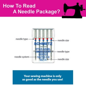 Puede incluir: Primer plano de un paquete de agujas de bordado Schmetz. El paquete muestra el tama&ntilde;o de la aguja, el tipo de aguja y el sistema de aguja. El texto del paquete dice "Stick-Nadel Embroidery Needle 130/705 H-E 90/14".