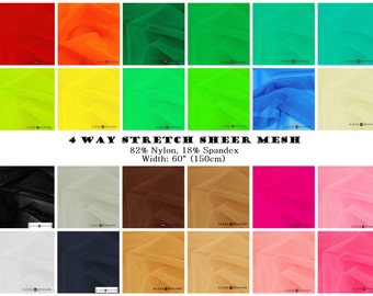 76 COLORS - PART 1 - 1 yard 4 Way Stretch Sheer Power Mesh Net Fishnet Fabric For Dance Gymnastics Skate Gowns