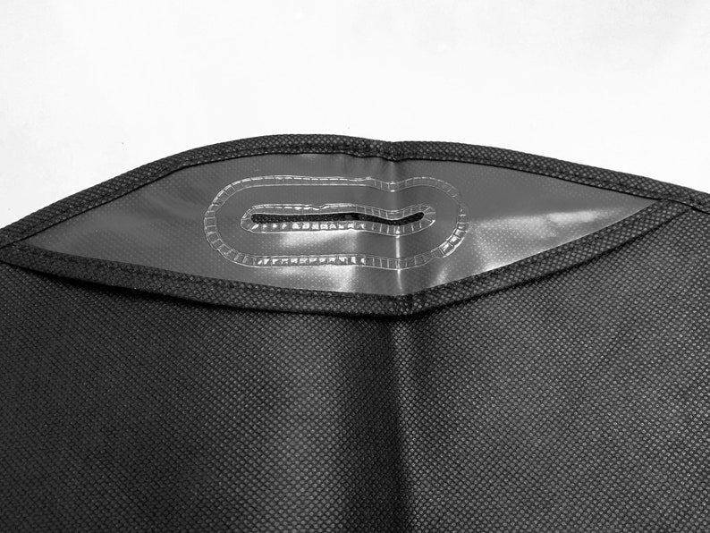 Pu&ograve; includere: Primo piano di un porta abiti nero con un'apertura per la maniglia rinforzata. L'apertura della maniglia &egrave; un rettangolo di plastica trasparente con un bordo cucito. Il materiale della borsa ha un motivo sottile e strutturato.