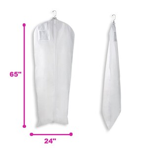 Op de afbeelding: Witte kledingzak met rits en een transparant plastic venster. De tas is 165 cm lang en 61 cm breed.