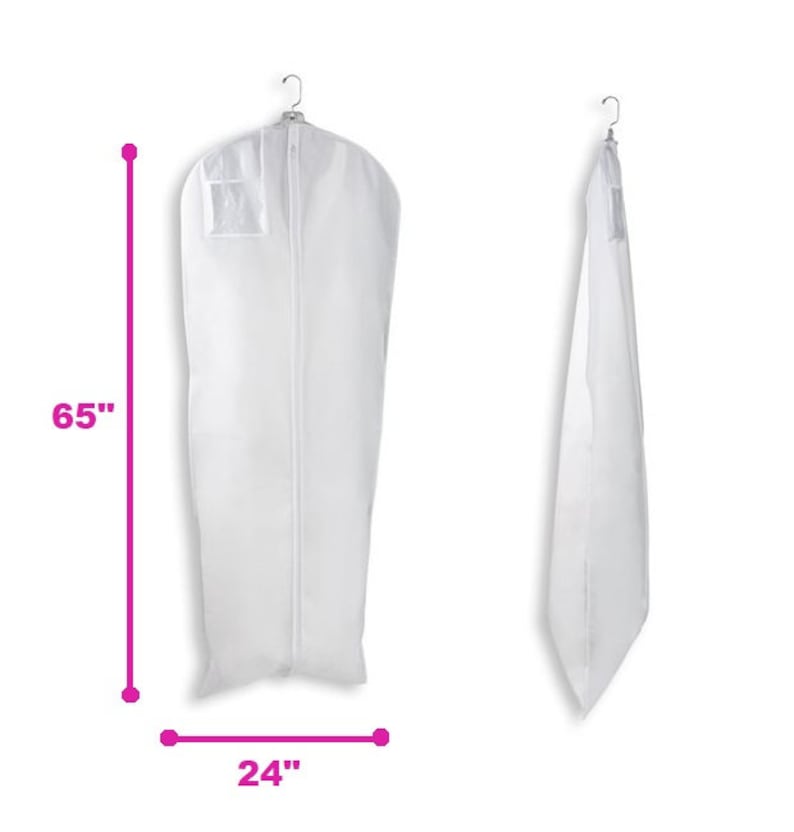 Op de afbeelding: Witte kledingzak met rits en een transparant plastic venster. De tas is 165 cm lang en 61 cm breed.